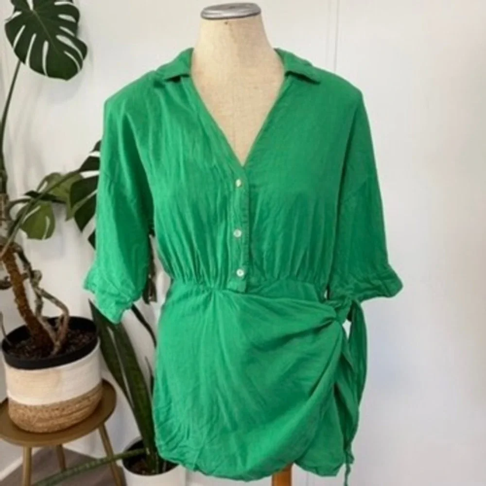 Zara Romper Womens Medium Green Wrap Front Tie Waist Short Sleeve Summer Chic